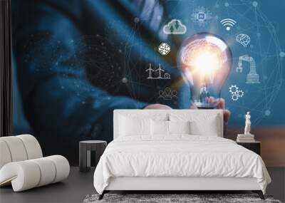 Hand holding light bulb and smart brain inside and innovation icon network connection, innovative technology in science and industrial. Creative, new ideas and innovation, Digital link tech, big data Wall mural