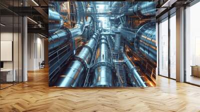 High-tech factory with glistening steel pipes, highlighting industrial might and precision engineering Wall mural