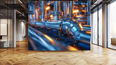 Interior of an industrial facility showcasing extensive, interconnected metal pipes with a modern, high-tech appearance. Wall mural