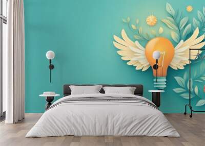 Light bulb with sprouting wings, ideas taking flight and growing, flat design illustration, copy space Wall mural