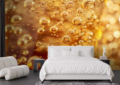 Macro shot of effervescent bubbles in sparkling champagne, reflecting the light in a festive toast Wall mural