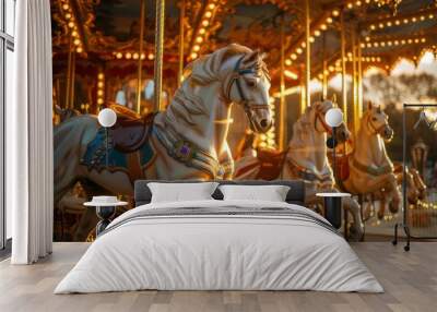 Majestic white horses on golden carousel, royalty's garden party, sunset ambiance Wall mural