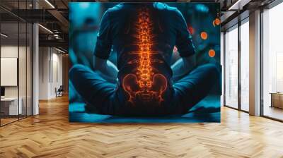 Pain in the lumbar spine and spinal cord. Human back pain, Man with inflamed spinal cord injury pain highlighted in glowing red-orange. Spine injury pain in sacral Wall mural