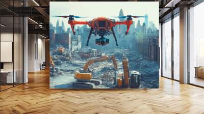 Unmanned Aircraft System (UAV) Quadcopter Drone In The Air Over Construction Site, in front of it is construction equipment on both sides. Wall mural