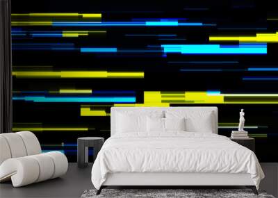 Abstract cyan yellow tech glowing neon lines background. Laser glitch effect retro graphic design. Vector futuristic illustration Wall mural