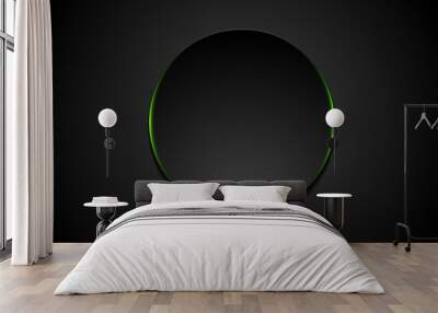 Black abstract circle shape with green glowing light tech background. Vector neon corporate design Wall mural