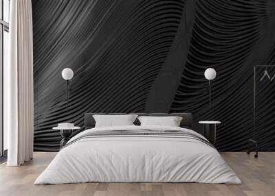 Black abstract tech banner with liquid curved glossy waves. Dark refraction vector background Wall mural