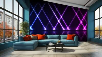 Blue and ultraviolet neon laser lines with reflection. Abstract rays technology retro background. Futuristic glowing graphic design. Modern vector illustration Wall mural