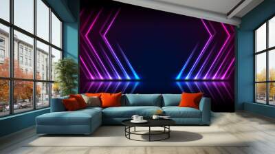 Blue and ultraviolet neon laser lines with reflection. Abstract rays technology retro background. Futuristic glowing graphic design. Modern vector illustration Wall mural