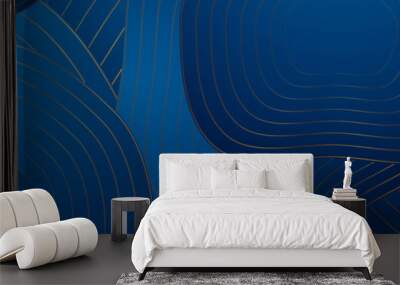 Blue wavy curved circles with golden lines abstract background. Vector luxury art deco design Wall mural