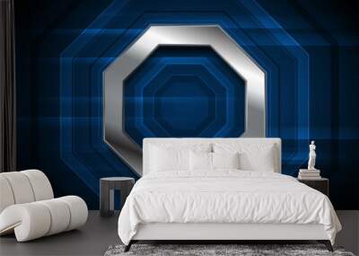 Dark blue technology background with metallic octagon Wall mural