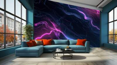 Dark grunge stone texture and purple blue glowing neon waves abstract background. Generative AI Wall mural