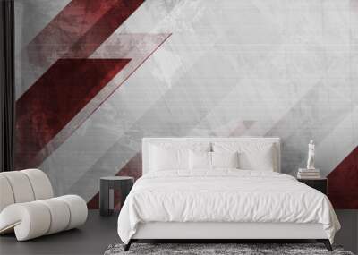 Dark red and grey grunge stripes abstract banner design. Geometric tech vector background with old wall texture Wall mural