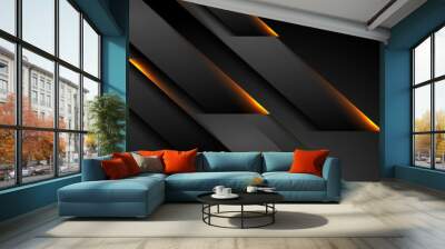 Futuristic black technology background with orange green neon lines. Glowing vector banner design Wall mural