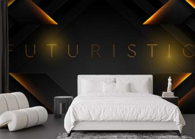 Futuristic black technology background with orange neon lines. Glowing vector banner design Wall mural