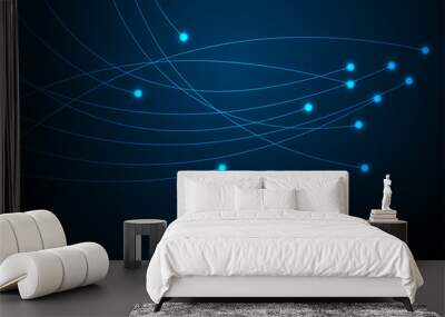 Glowing blue neon abstract futuristic hi-tech background. Blurred connection wavy lines dark vector design Wall mural