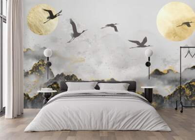 Grey and golden crane birds Japanese grunge background. Generative AI Wall mural