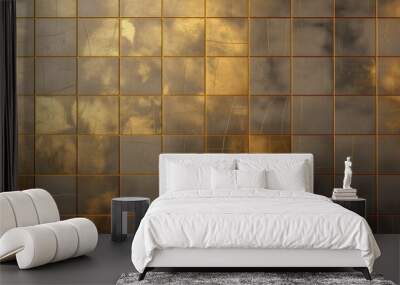 Grey grunge glossy texture and golden squares abstract geometric background. Generative AI Wall mural