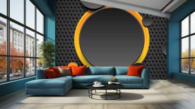 Trendy composition of yellow and black circles on black background. Dark metallic perforated texture design. Technology geometric illustration. Vector header banner Wall mural