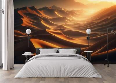 illuminated by the first light of sunrise. The sand is a warm golden color, and the shadows create striking patterns on the dunes Wall mural