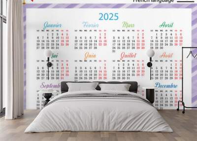 French horizontal pocket calendar for 2025. Week starts Monday Wall mural