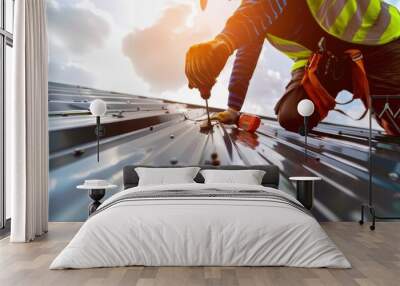 A worker is installing a light steel metal profile on the roof. AI generated image Wall mural