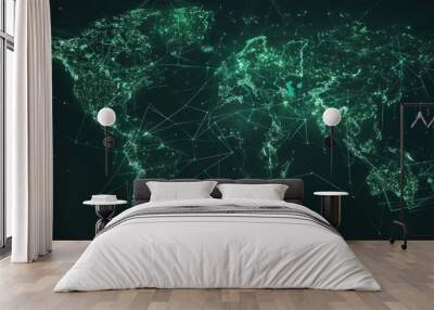 Abstract digitally green connection world map in wireframe line style. AI generated image Wall mural