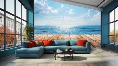 Beautiful view of wooden pier with the sea and blue sky landscape background. AI generated image Wall mural