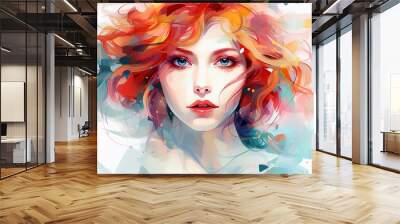 Beautiful woman face pop art drawing in watercolor. AI generated image Wall mural