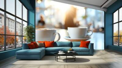 Close up cups of coffee or tea on the table in the office in the background. AI generated image Wall mural