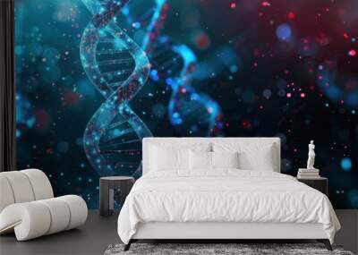 Close up rendering DNA helix 3D illustration with neon light. AI generated image Wall mural