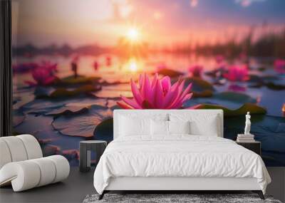 Closeup beautiful lotus flower in blooming floating on lake water at sunset scene. AI generated Wall mural