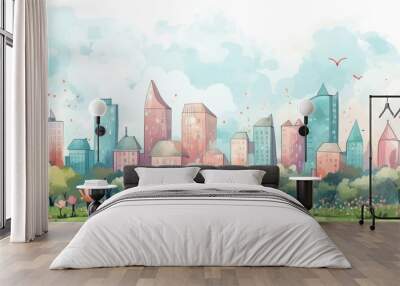 Hand drawn cityscape cartoon on pastel color background. AI generated Wall mural