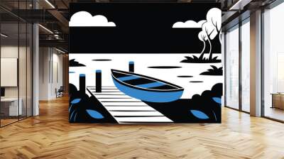 A quiet riverbank, with a blue rowboat tied to a wooden dock vector illustration white background F.eps Wall mural