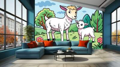 Cute cozy animal friends Goat kid and lamb frolicking in a meadow N.eps Wall mural