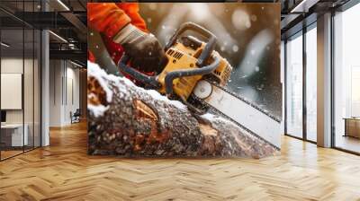 Worker cutting trees use portable gasoline chainsaw in natural background. AI generated image Wall mural