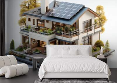 3D house with solar panel, isolated, white background, modern Wall mural