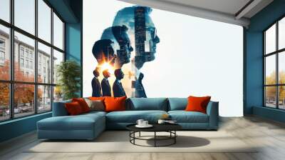 Double exposure of business man and city Wall mural