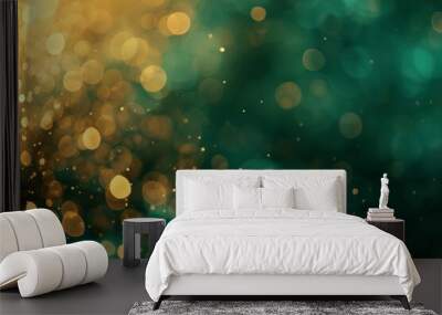 Abstract blur bokeh banner background. Gold bokeh on defocused emerald green background Wall mural