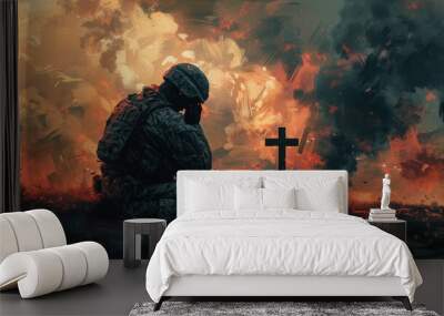 An emotional scene of a soldier's silhouette overlaid with the silhouette of a battlefield cross adorned with a helmet, rifle artwork Wall mural