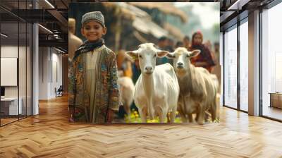 Bakra Eid festival with Muslim people in an Islamic market shopping for animals like sheep and lamb Wall mural