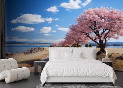 cherry blossoms in spring landscape wallpaper background. generative ai Wall mural