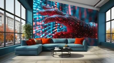 Cyber attack a hacker hand reaching out from screen futuristic lightening blurred background Wall mural