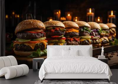 Flavor packed burger with french fries and a fiery twist on a dark background Wall mural