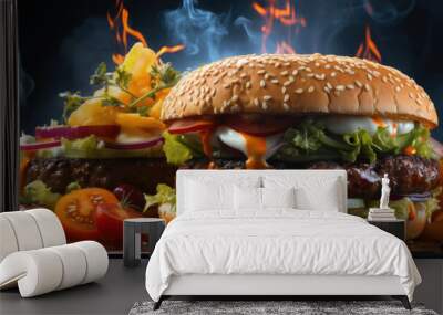 Gourmet cheeseburger with double beef patties, melted cheese, crispy bacon, and fresh vegetables on a sesame seed bun with a fire and smoke in background. Wall mural