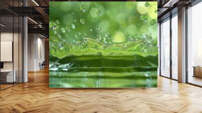 Green Water splash with drops against green background with blurred Wall mural