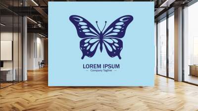 Logo of a butterfly icon silhouette design on light blue background Wall mural