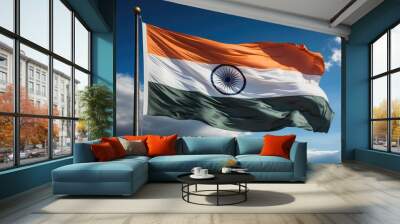 National flag of India flag outdoor against cloudy sky Generative AI Wall mural