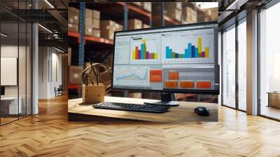 A comprehensive warehouse management system interface on a computer screen, displaying detailed analytics, inventory levels, and workflow charts, with a background of a well-organized warehouse floor. Wall mural