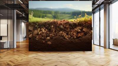 A cross-sectional view of a healthy soil profile showcasing the various soil horizons from the O horizon to the C horizon, detailed textures and colors, Wall mural